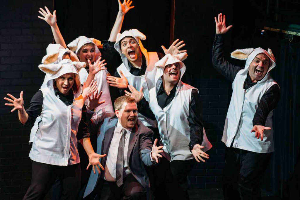 (L-R) Heather Krueger, Caitlin Greene, Colleen Cherry, Ryan Sturm, Nick Hoop, Spencer Meyers, and Jon VanMiddlesworth in Jobsite's Silence! The Musical. (Photo by Crawford Long.)