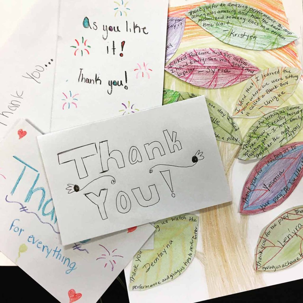 A collection of thank-you notes from students who attended As You Like It.