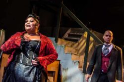 Fo'i Meleah and Jonathan Harrison in Jobsite's The Threepenny Opera. (Photo courtesy Ryan Finzelber.)