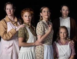 (Clock. from L) Jonelle Meyer, Katrina Stevenson, Emily Belvo, Nicole Jeannine Smith, and Caitlin Eason in Jobsite's Dancing at Lughnasa. (Photo courtesy Pritchard Photography.)