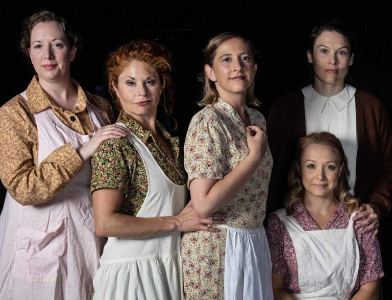 (Clock. from L) Jonelle Meyer, Katrina Stevenson, Emily Belvo, Nicole Jeannine Smith, and Caitlin Eason in Jobsite's Dancing at Lughnasa. (Photo courtesy Pritchard Photography.)