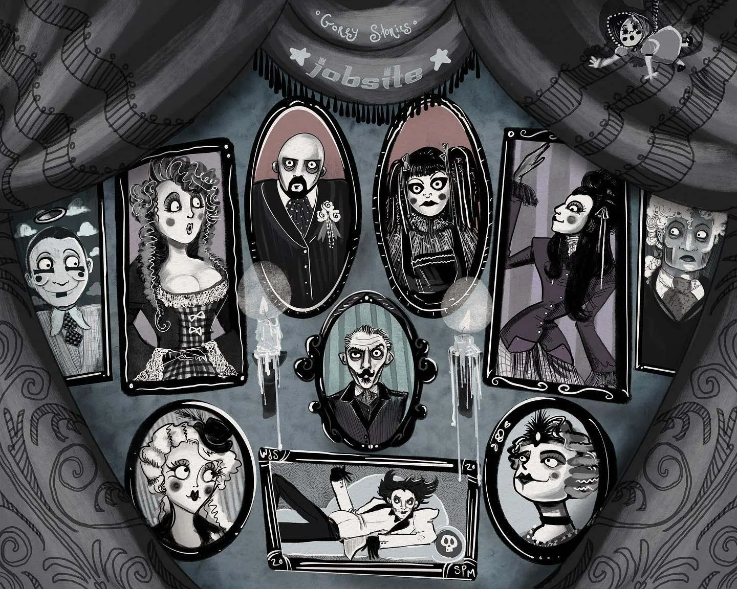 Spencer P. Meyers’ original artwork featuring portraits of both the 2009 and 2012 Gorey Stories casts.